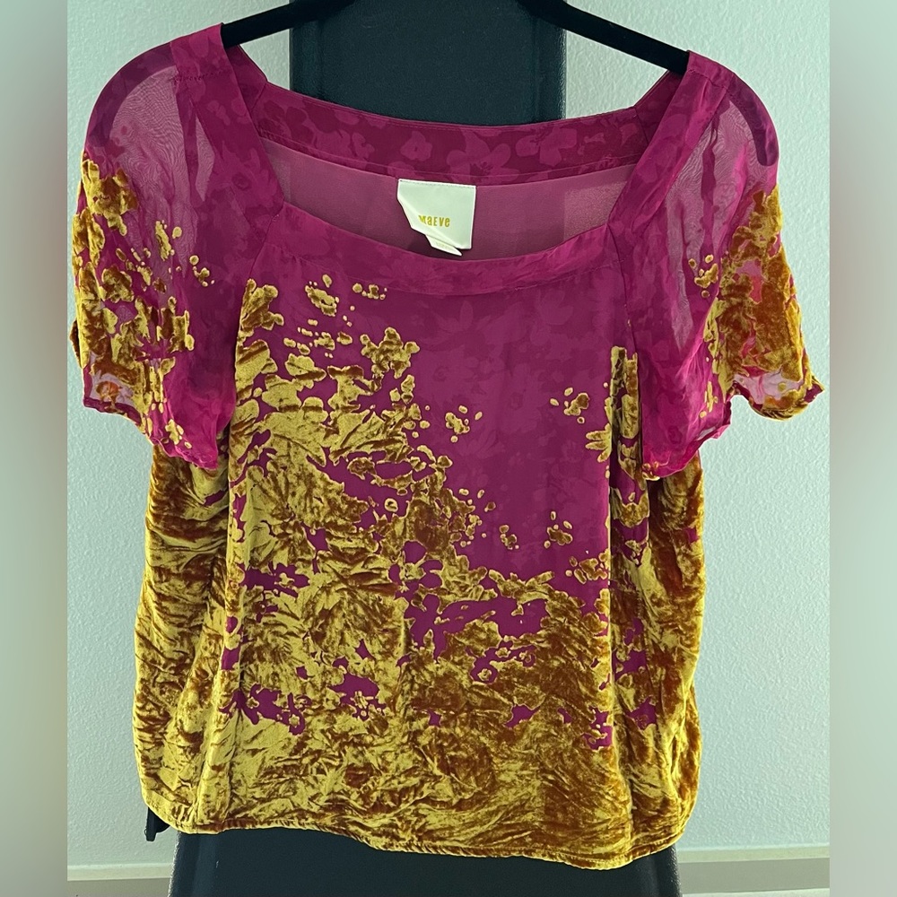 Maeve XS flowy straight neck boxy pink silky and gold velvet